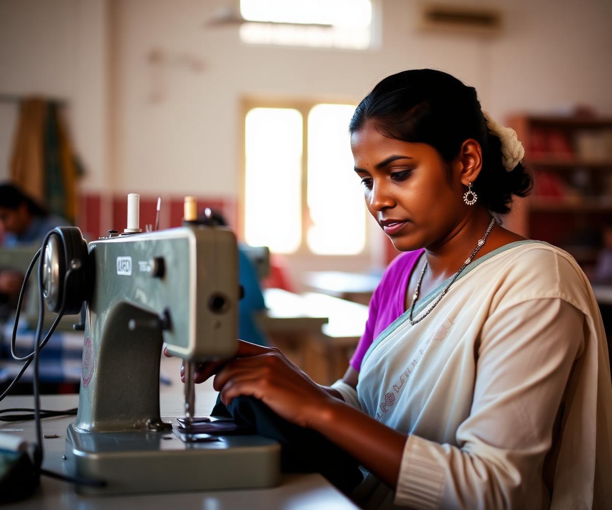 Trainee at sewing machine